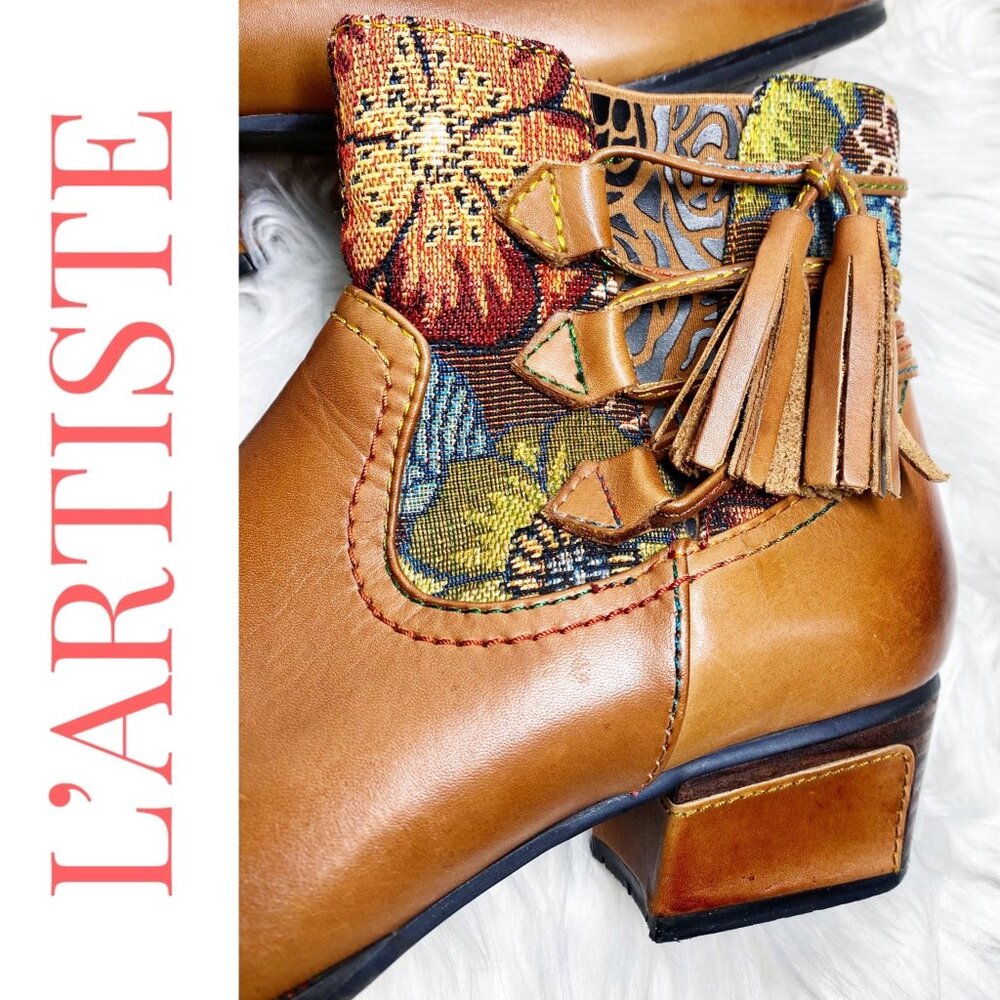 L’ARTISTE‎ LEATHER ANKLE TAPESTRY BOOTIE TASSEL UNIQUE ARTISTIC BOHO, WOMEN’s 40 - Picture 2 of 16